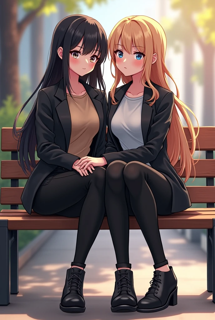 Two anime girls wearing a tight black jeans sitting besides each other on a bench