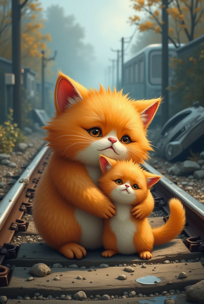 Write a Story of "an orange hair chubby cat traveling with his chubby orange kitten from the railway station to a bus crash . The chubby cat weeps near a crumpled section of the railway track, debris scattered around as she clutches her kitten.