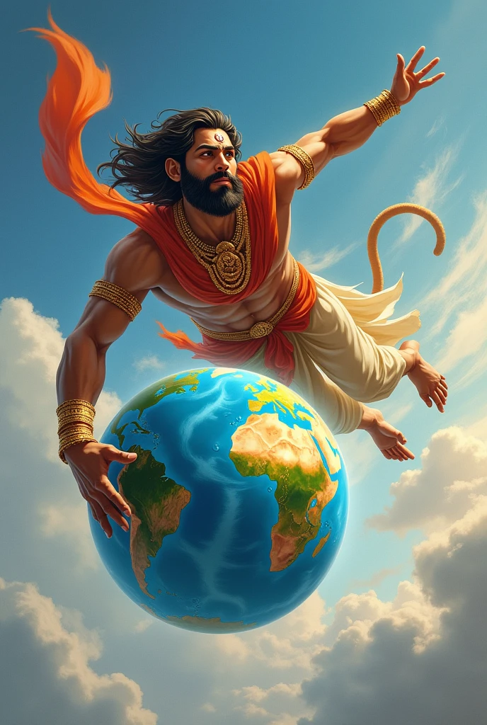 The lord hanuman fly on the sky and his hand have the earth and the earth save to evil