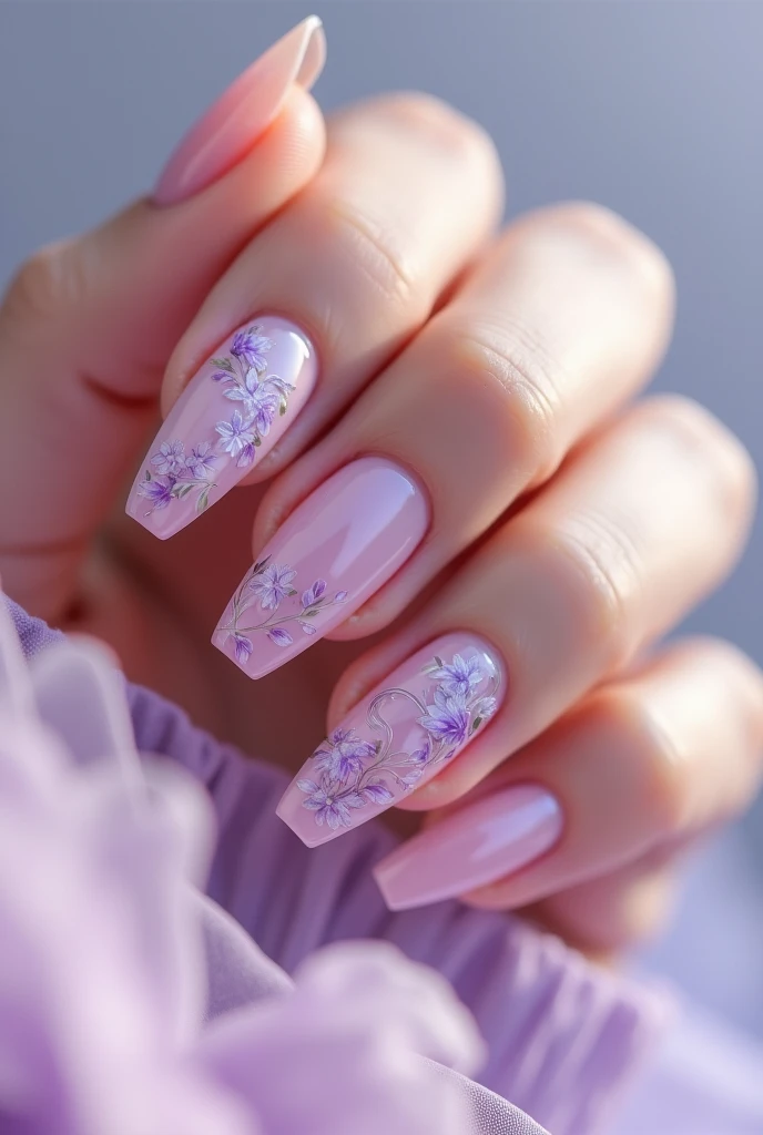 Transparent nails with lilac and pink design 