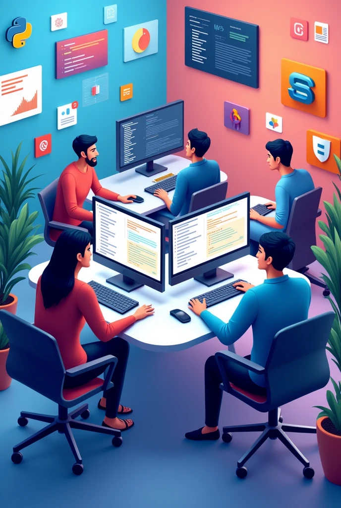 Create a vibrant and modern image that represents software development. The image should include visual elements related to programming and technology, as code on screen, Computers, Workflow charts and agile development concepts. Incorporates icons of popular programming languages (like Python, php, JavaScript) and development tools (like Visual Studio Code, Docker, Git). Adding collaborative elements, such as teams working together and sharing screens. Use a clean and professional style, with a color scheme that conveys innovation and efficiency