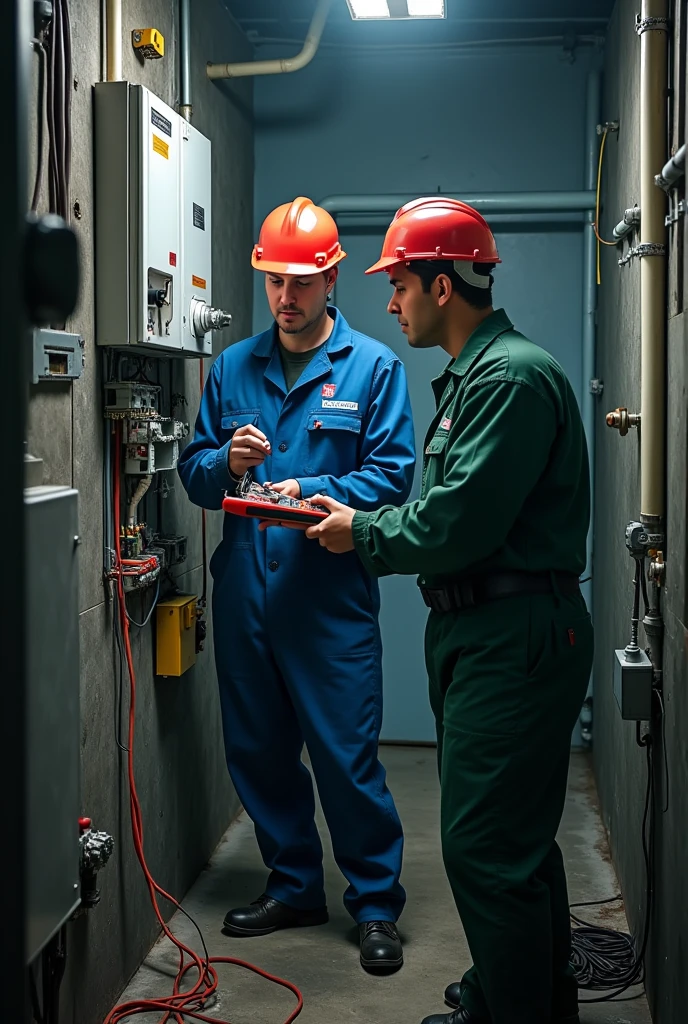 Generate me the image of an electrician and an electromechanic who is working please