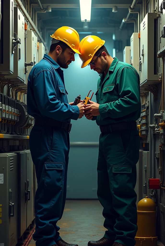 Generate me the image of an electrician and an electromechanic who is working please