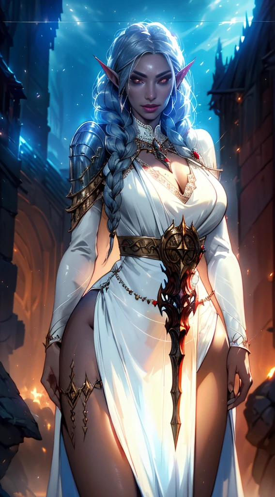 1girl, sexy drow, morena skin, pale silver long elaborate braids, ((red eyes)), jewels, elf ears, earrings, ((white sorceress sexy dress)), ((wields staff)), ((cast light magic)), on a roof of scyscraper, large breasts, athletic, volumetric lighting, best quality, masterpiece, realistic, anatomically correct, (strong cinematic lighting), stunning details, intricate details, 8k post-production, High resolution, super details, trending on ArtStation, sharp focus, depth of field f/1.8, studio photos, (((looking at camera)))