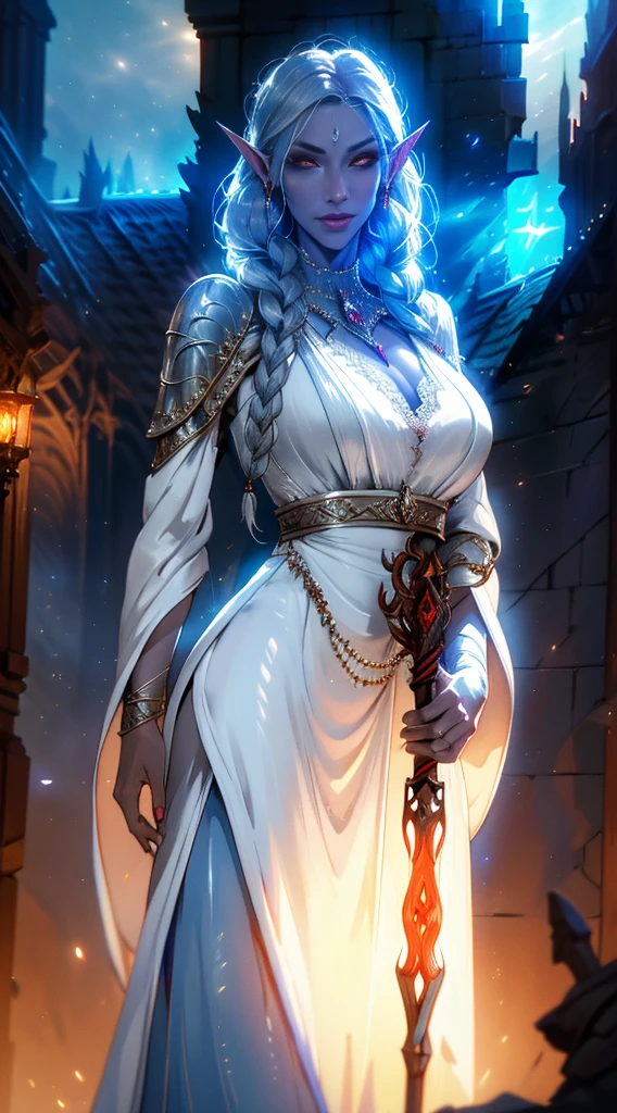 1girl, sexy drow, morena skin, pale silver long elaborate braids, ((red eyes)), jewels, elf ears, earrings, ((white sorceress sexy dress)), ((wields staff)), ((cast light magic)), on a roof of scyscraper, large breasts, athletic, volumetric lighting, best quality, masterpiece, realistic, anatomically correct, (strong cinematic lighting), stunning details, intricate details, 8k post-production, High resolution, super details, trending on ArtStation, sharp focus, depth of field f/1.8, studio photos, (((looking at camera)))