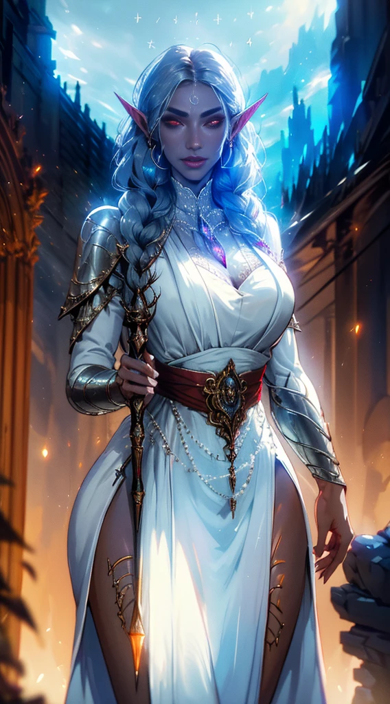 1girl, sexy drow, morena skin, pale silver long elaborate braids, ((red eyes)), jewels, elf ears, earrings, ((white sorceress sexy dress)), ((wields staff)), ((cast light magic)), on a roof of scyscraper, large breasts, athletic, volumetric lighting, best quality, masterpiece, realistic, anatomically correct, (strong cinematic lighting), stunning details, intricate details, 8k post-production, High resolution, super details, trending on ArtStation, sharp focus, depth of field f/1.8, studio photos, (((looking at camera)))
