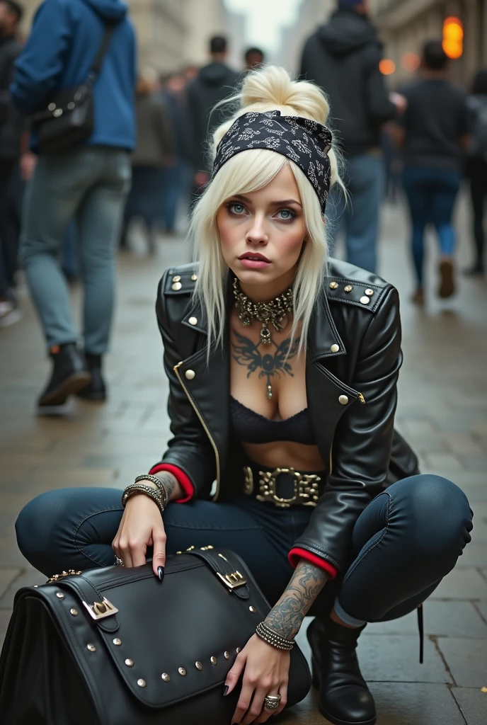 russian old milf, platinum blonde, hair in top bun ,wide black parsley bandana as headband. Very light blue eyes, pale.. Sad face, big eyes. Wearing black moto jacket with side zippers and pins. Black push up bra with red lining. black skinny jeans and white tennis sneakers. Lots of metallic bracelets and collars. Tattoed chest and tattoed hands. Tacky wide leather belt with oversized skull and bones buckle. Long earrings. Humble, submissive face, looking at the camera. Mouth open. Studded black leather bag on the floor. Many people around