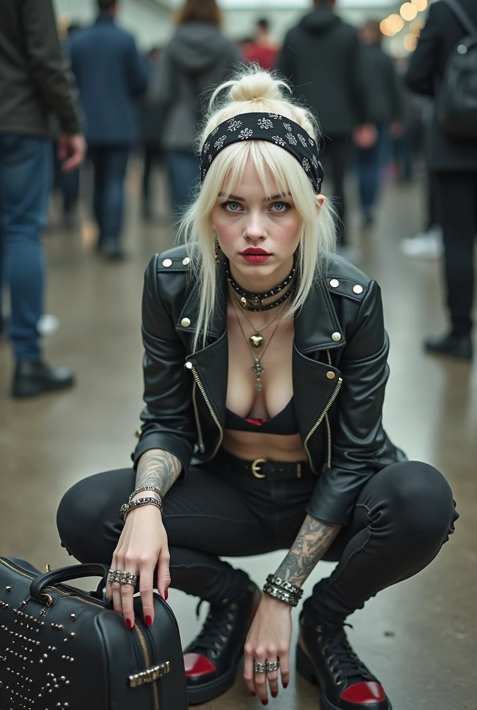 russian old milf woman, platinum blonde hair (huge top bun) and sunglasses as headband (big maxi glasses), with very light blue eyes, extremely pale. Wearing cropped black moto jacket with red seams and lots of pins, dark red bra, dark grey jeans with holes and pointy Chelsea boots with cuban heels . Lots of metallic bracelets and collars. Tacky leather belt with oversized buckle. Long earrings. Kneeling in a payer, looking up, eyes and mouth wide open in amazement. Hands touching the ground. Listening in amazement to somebody speaking to her, toned six pack abdominals, thin legs and thin arms
