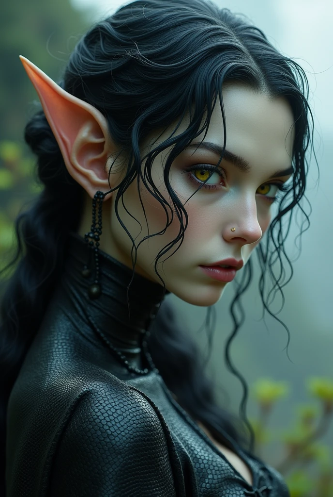 (((beautiful, high quality))), portrait, score_9, score_8_up, score_7_up,, half snake apperience black sclera, slit pupils, scales, pointed ears, 1girl, yellow eyes, white skin, black scales, black hair, fantasy background, blurred background