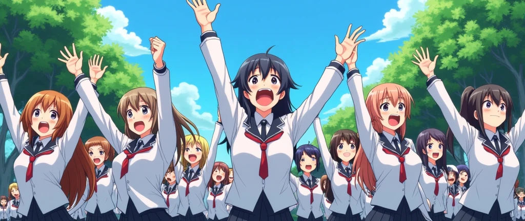 anime girls in white and black schoo uniforms in the background cheering, anime style, various people in the backgroung, cheering , looking up front, high school uniforms, anime girls , a cherring crowd, during daylight, blue sky and trees in the background