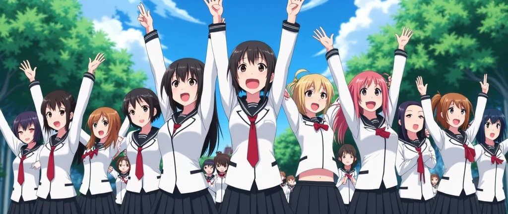 anime girls in white and black schoo uniforms in the background cheering, anime style, various people in the backgroung, cheering , looking up front, high school uniforms, anime girls , a cherring crowd, during daylight, blue sky and trees in the background