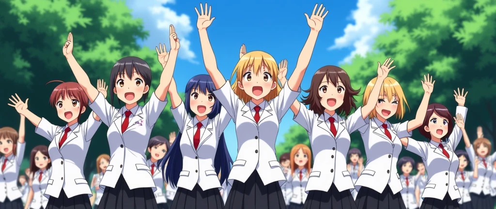 anime girls in white and black schoo uniforms in the background cheering, anime style, various people in the backgroung, cheering , looking up front, high school uniforms, anime girls , a cherring crowd, during daylight, blue sky and trees in the background