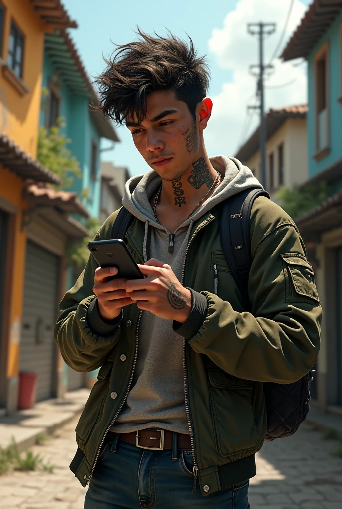 Rio-style drug dealer teenager using his cell phone