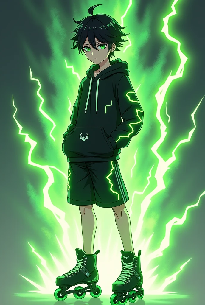 Could you please create an Anime Character. A male character with black hair reaching his ears, bright green eyes, wearing a black hoodie with green lightning around the waist, black shorts, and a silver ring with a subtle lightning pattern. He has a green lightning aura. He schuld wear cool black inline skates with green weehls. His hair should a little bit curly and with a bit green in it.  He is 2 
