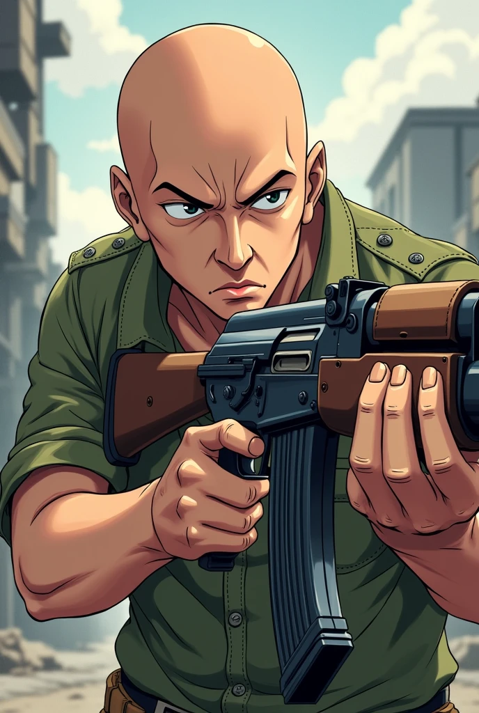 anime normal bald guy posing with AK-47