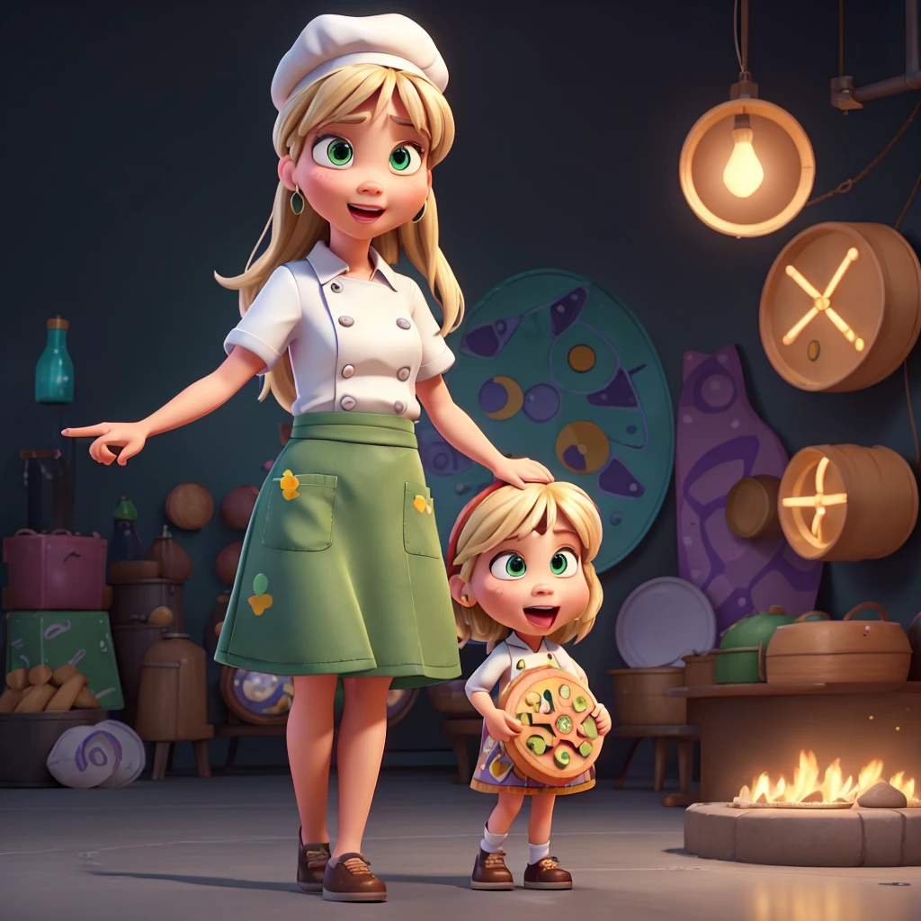 3D character, girl character, with chef's cap on her head, medium-length blonde hair, green eyes, beautiful sharp large circular reflective eyes, striking thousand-yard stare, winking one eye, open mouth with tongue out, white chef's outfit with purple details, silver hoop earrings, holding a hamburger and a pizza in each hand, full image, fullbody + (cinematic composition), (pixar style: 1.2), (CGI animation: 1.2), (Disney: 1.2), (Cartoon: 0.2), (best quality, artwork, 4K, ultra detailed, sharp focus, 8K, high definition: 1.2). 100% black background