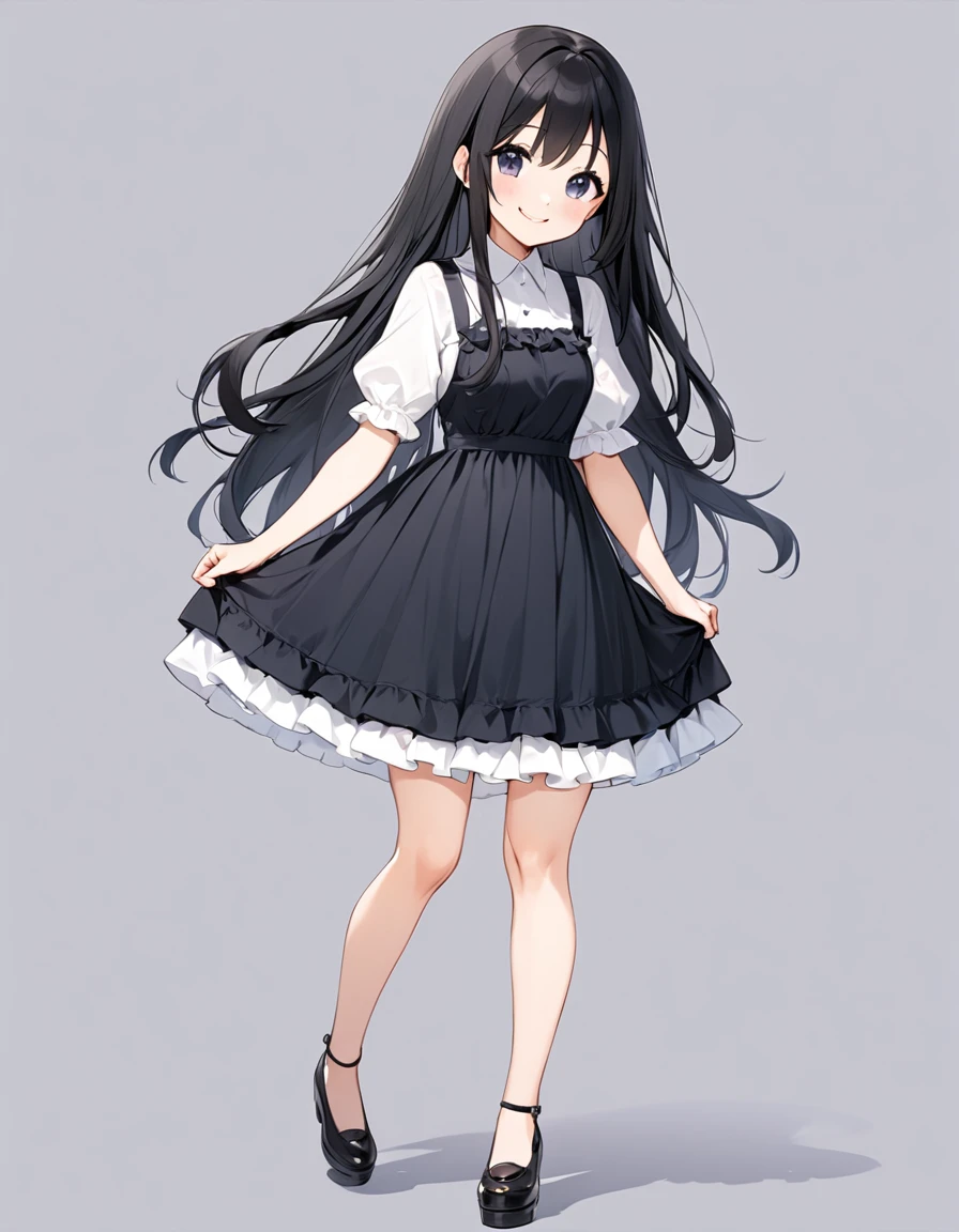 Woman, cute, adorable, full body, smiling, straight hair, long hair, black hair,Tiered Dress