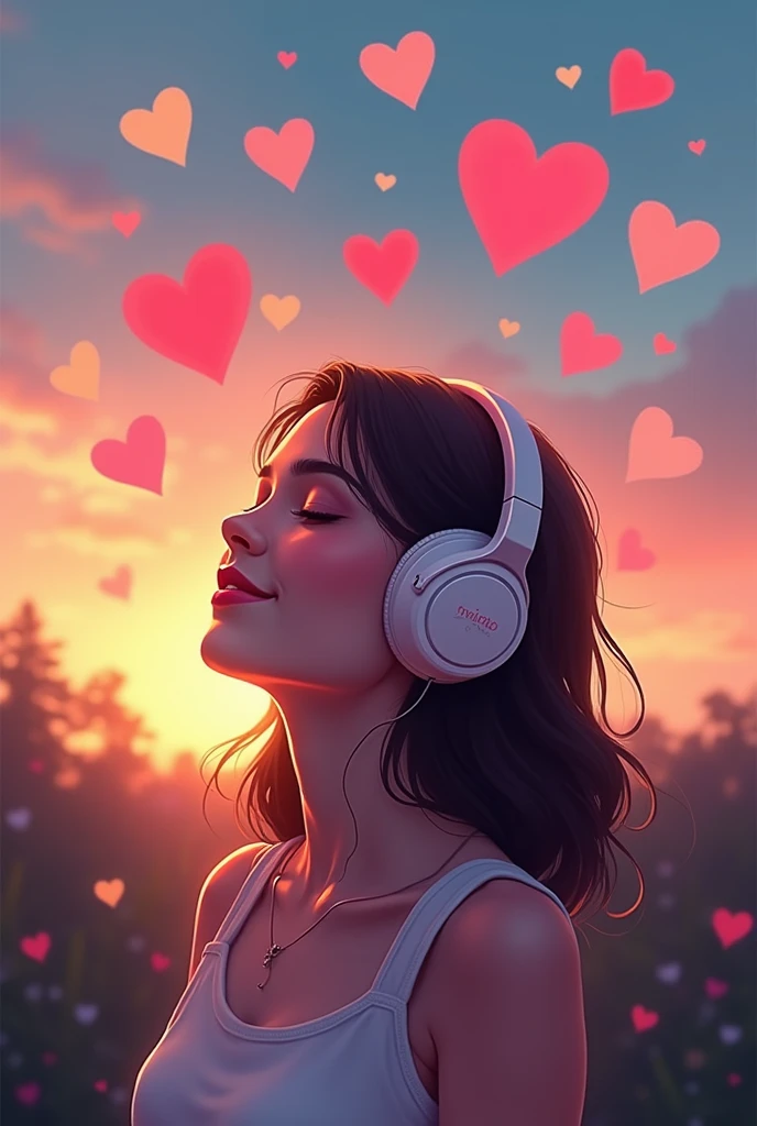 Mujer escuchando música 🎼 y sonriendo paisaje anochecer y corazones arriba de su cabeza