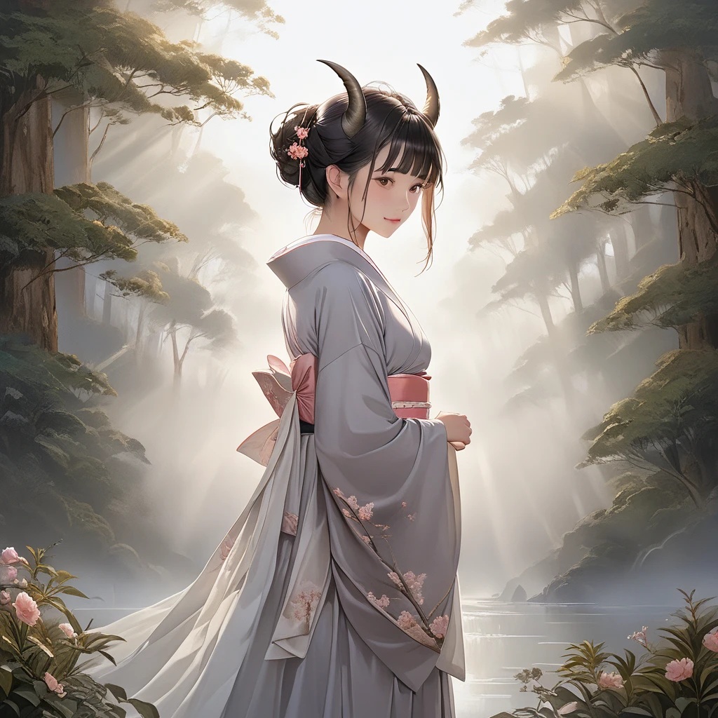 8k, oil painting, wallpaper of extremely detailed CG unit, masterpiece, high resolution, top-quality, top-quality real texture skin, hyper-realistic, increase the resolution, RAW photos, best quality, highly detailed, the wallpaper, cinematic lighting, ray trace, golden ratio, BREAK, one demon girl, mild smile, female, godly, (in the deep fog:1.3), beautiful horns), BREAK, background\((at beautiful heaven\(The Peach Blossom Spring\):1.3), beautiful fog, beautiful forest (many trees),(beautiful fog:1.5)\),(beautiful fog:1.5),(beautiful fog:1.5),(beautiful fog:1.5),(beautiful fog:1.5),(beautiful fog:1.5), beautiful lighting, beautiful landscape, Japanese clothing with gold ornaments, yellow eyes, water, river