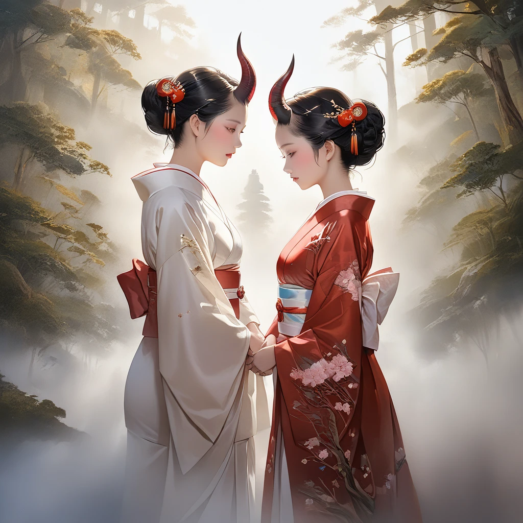 8k, oil painting, wallpaper of extremely detailed CG unit, masterpiece, high resolution, top-quality, top-quality real texture skin, hyper-realistic, increase the resolution, RAW photos, best quality, highly detailed, the wallpaper, cinematic lighting, ray trace, golden ratio, BREAK, one demon girl, mild smile, female, godly, (in the deep fog:1.3), beautiful horns), BREAK, background\((at beautiful heaven\(The Peach Blossom Spring\):1.3), beautiful fog, beautiful forest (many trees),(beautiful fog:1.5)\),(beautiful fog:1.5),(beautiful fog:1.5),(beautiful fog:1.5),(beautiful fog:1.5),(beautiful fog:1.5), beautiful lighting, beautiful landscape, Japanese clothing with gold ornaments, yellow eyes, water, river