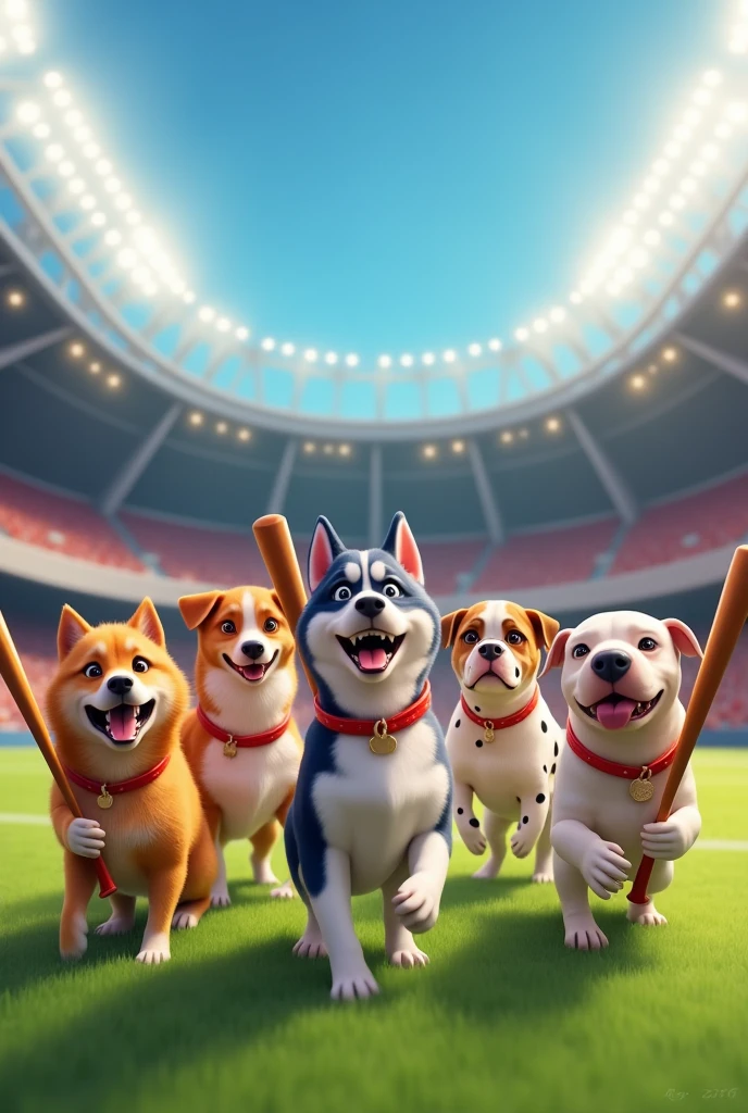 "A playful scene featuring four or five dogs, each holding a baseball bat in paws. The dogs are of different breeds—perhaps a golden retriever, a husky, a beagle, a Dalmatian, and a bulldog sitting in a football stadium. They are gathered in a loose circle as if preparing for a fun game of baseball. The dogs look excited and ready to play, with happy expressions on their faces."