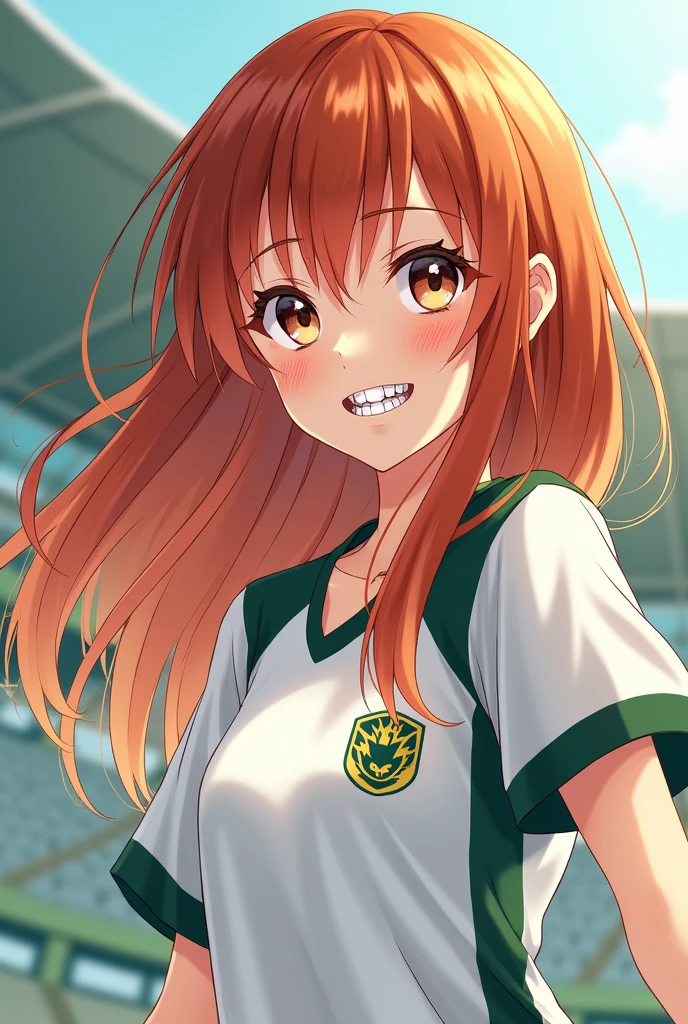 Create a brunette girl with long copper hair with braces in a white and green sports uniform with sleeves