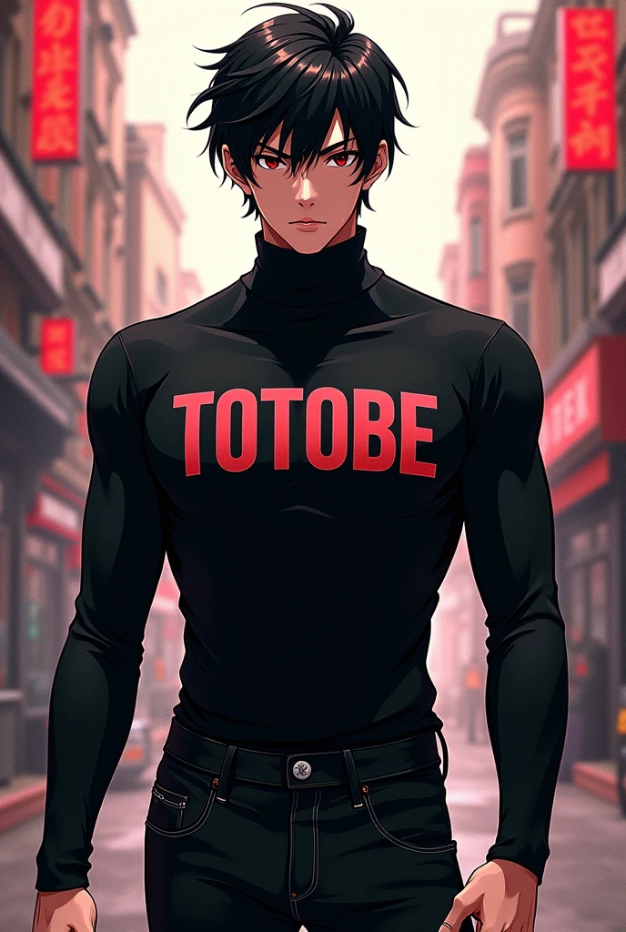 Male character black turtleneck black jeans on the shirt the name totobe in capital letters anime theme