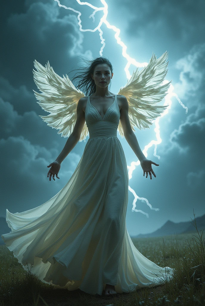 a woman with thunder power and fairy wings and
wearing a dress