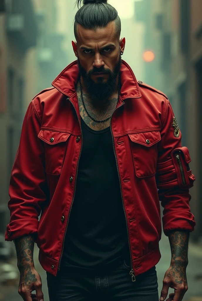 a man with a tattoo on his chest and a red jacket, promo, ad image, PP, SK, tenebrosa!!!, punk!!!, movie promotion, fan box, by Cesar Andrade Faini, by Antônio Parreiras, dan dos santos