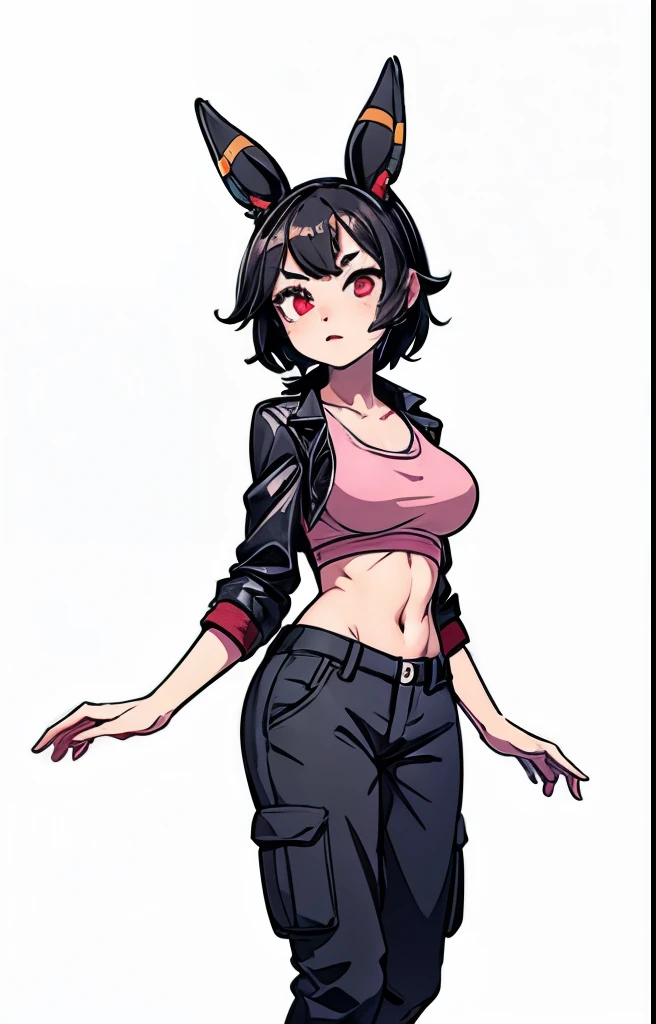a girl with black hair, umbreon ears, red eyes, wearing black cargo shorts, pink sports bra, medium breasts, open black leather jacket, round ass, small hips, detailed face, beautiful detailed eyes, beautiful detailed lips, extremely detailed eyes and face, long eyelashes, photorealistic, 8k, high quality, hyperdetailed, cinematic lighting, dramatic colors, vibrant, moody, dark fantasy