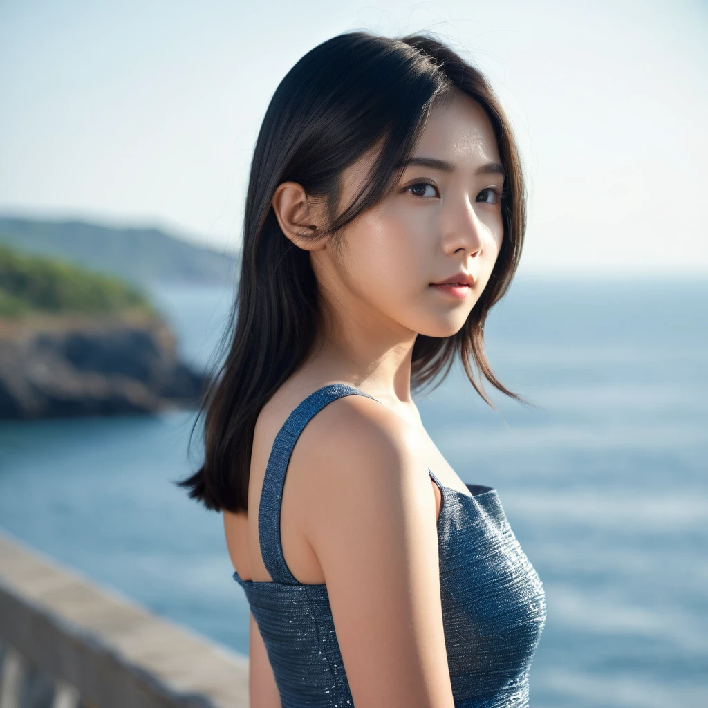 Yui, photo of female, age 15 year, perfect pupils, black shoulder length hair with brown highlights; (ultra quality, film grain, crystal clear, 8K UHD, high detailed skin, skin pores); sunlight, natural light, sea background, wear blue grey tight bodycon super short cotton dress, side view