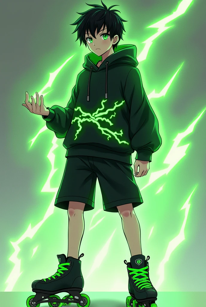 Could you please create an Anime Character. A male character with black hair reaching his ears, bright green eyes, wearing a black hoodie with green lightning around the waist, black shorts, and a silver ring with a subtle lightning pattern. He has a green lightning aura. He schuld wear cool black inline skates with green weehls. His hair should a little bit curly and with a bit green in it. He is 2