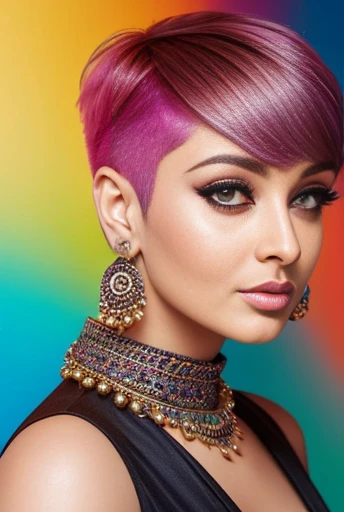 portrait of aishwarya rai photorealistic, hyper realistic,Full view professional photo of a beautiful fantasy model with (pastel hair,short hair,pixie cut:1.2), she is looking into the camera, henna pattern eye makeup, thick super long lashes, brown matte lipstick with thick lipliner,
,ultra-clear, high definition photography, dramatic lighting. intricate silk scarves,brown and white jewellery, earrings, abstract neon backgrounds, fashion shoot, in the style of, Karol Bak, colorful, eye-catching compositions, vibrant palettes, play of light and shade, sparkling sunlight, super detailed, 8k, trending on artstation, sharp focus, studio photo, intricate details, highly detailed, by greg rutkowski,wide angle view from top,