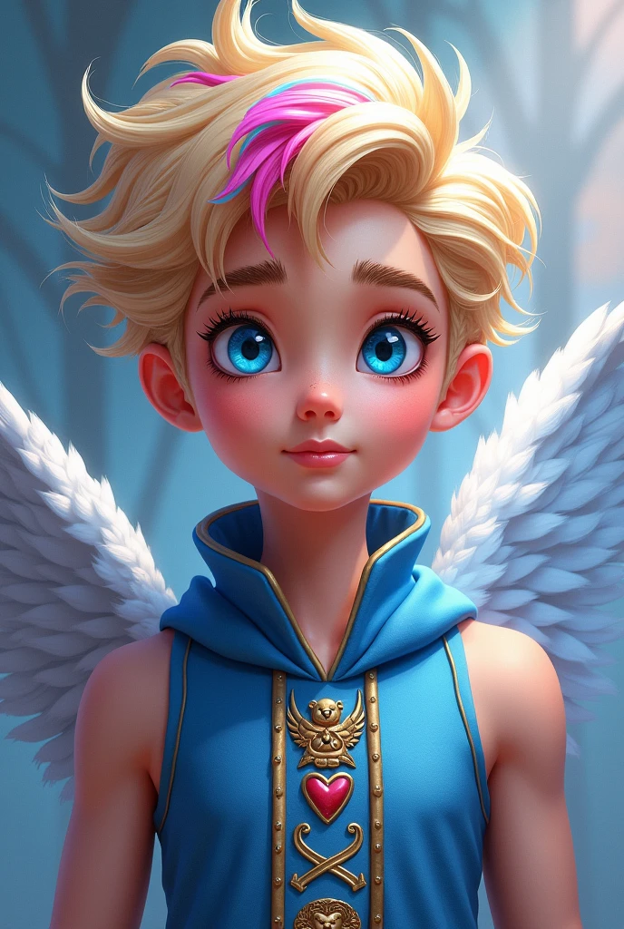 Image of C&#39;s son.a. Cupid e da Blondie Lockes de Ever after High: LnF , with blonde hair with pink, blue colored eyes, Caucasian skin, blue outfit with pink ancient greek gods style and bear and hearts elements on the outfit 