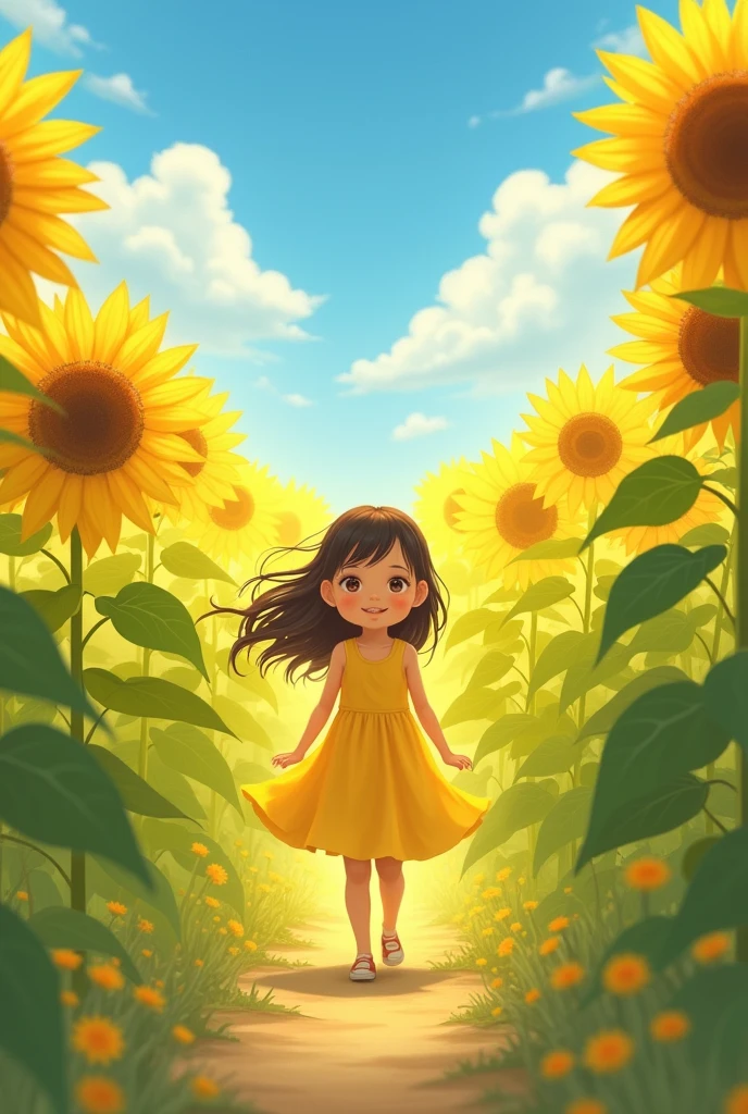 a in a yellow dress walking through a field of sunflowers, adorable digital painting, beautiful sunflower anime girl, cute detailed digital art, cute digital art, childrens art in artstation, realistic cute girl painting, girl in flowers, cute cartoon character, beautiful digital illustration, girl in a flower field, happy sunny day, beautiful digital artwork, a beautiful artwork illustration