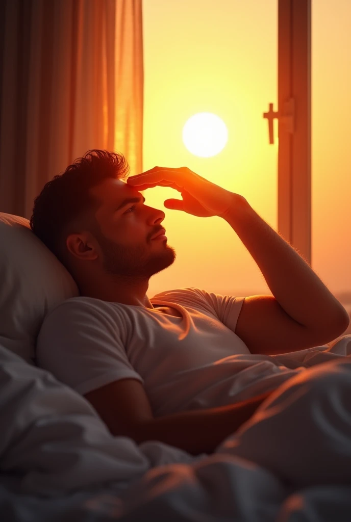 Create an image of a person sitting and tucked into bed, looking at the sun through the window, with his hand on his forehead, slightly blocking the light, of the sun rising in the west 