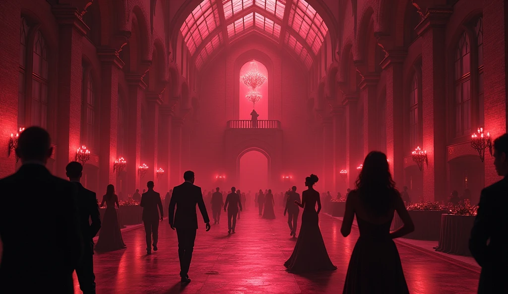 huge, a very large gothic ballroom, filled with burgundy light, with high glass ceilings. The hall is scary and gloomy, inside him dance the dark and gloomy, but beautiful, People. Women in long, revealing and elegant dresses, and the men in formal suits. There are small round tables at the edges., with an abundance of glasses of wine. Many people proudly dance the waltz in pairs, measuredly and without showing emotion on the large dance floor in the middle. There is a beautiful balcony at the very end of the hall., On it stands the host of the ball, shrouded in darkness and watching the celebration. Некоторые People держат в руках бокалы. Need more space for dancing. More darkness, malice, darkness and red color