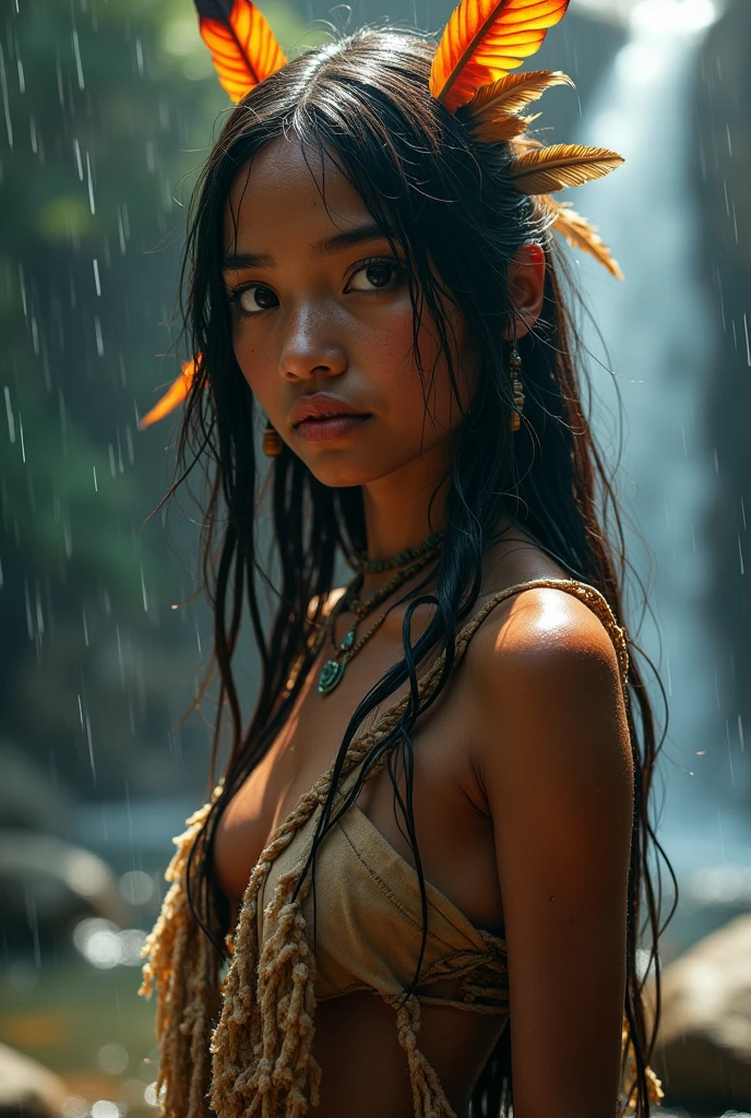 (((ultra realistic))), ((ultra detailed face and eyes: 1.3)) ,(native girl), with very long and thick hair, (feathers in hair), ((little clothing)) , ((Clothes indigenous)) , Thin body, (wet skin and clothes) (nipples visible), Near the waterfall, rain, mysterious atmosphere (sunlight, day, shadow), contrasting, ((ultra detailed)), ((Details of skin)), ((scene from a movie about ancient people)), (Bright colors)