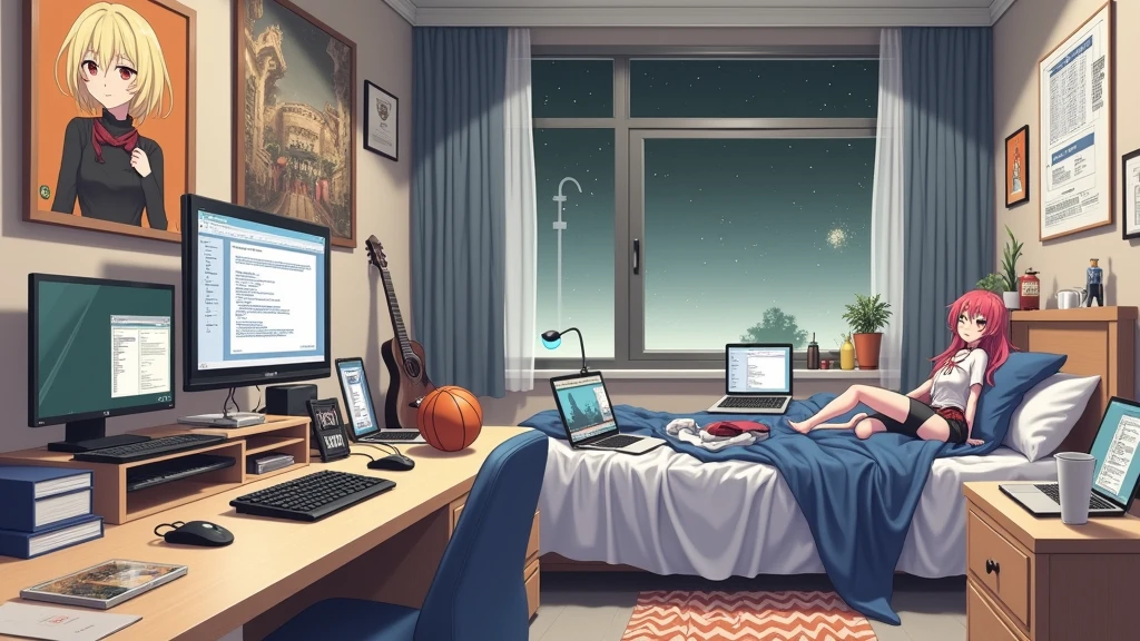 a very large bedroom, one desktop computer with two screens, 2 laptops, 1 phone (no-character:1.4), on the computers screens runs Linux and a development IDE, picture from far, large windows, night outside, one guitar, one basketball ball, clothes thrown on the bed and on floor, on the wall there is a poster of Chino Kafu, masterpiece, precision, ultra-realistic, anime art
