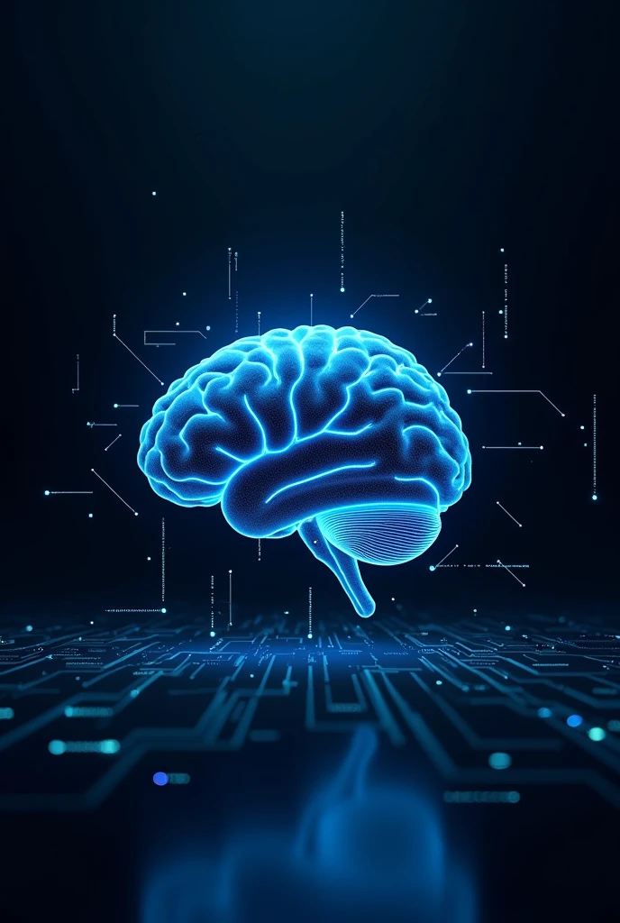 Blue brain black back ground with technology in computer size, wide