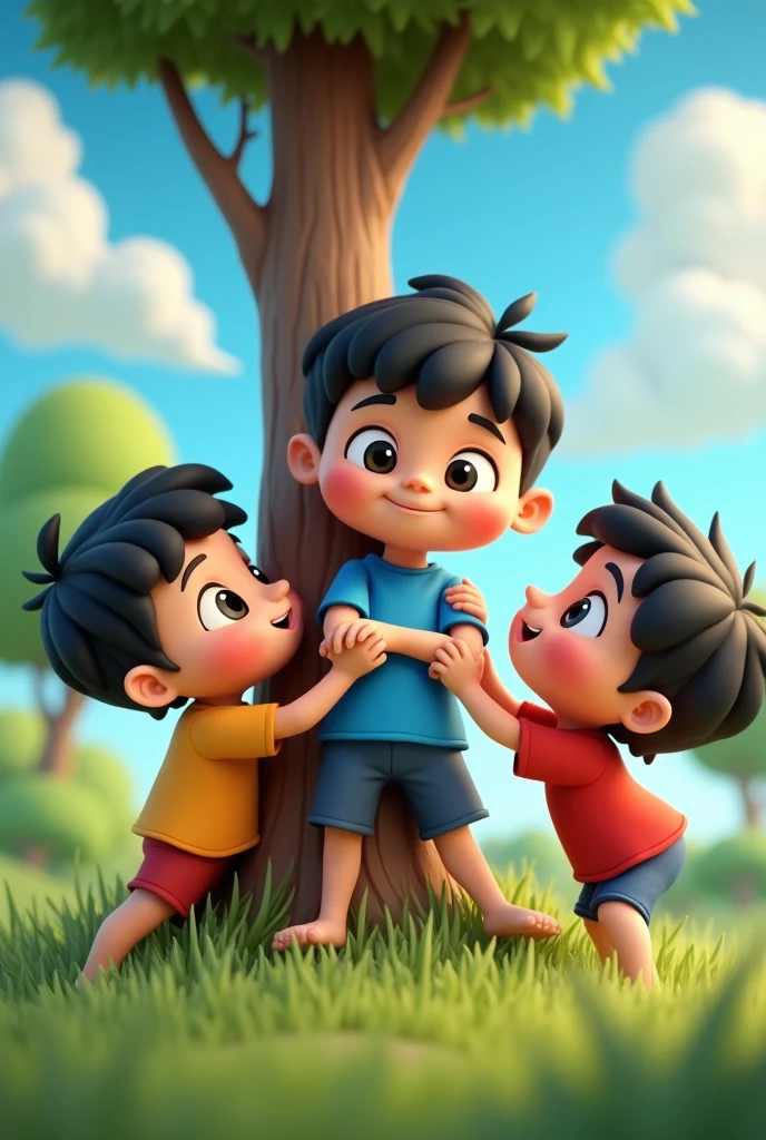 "Create a scene of three small children in a cartoonish style, playing a children's game called 'arranca cebolla' in a natural setting. The first child is holding onto the trunk of a tree with both hands, while the other two children form a line behind him, pulling at his waist in an attempt to separate him from the tree. The children should have large, expressive eyes, round and slightly rosy cheeks, with dark and short hair. They wear shirts in shades of blue and red. The background should show a clear blue sky with fluffy clouds and green trees, creating a fresh and cheerful atmosphere. Use a 3D illustration style with smooth and well-defined details to capture the essence of the innocence and fun of this childhood game."