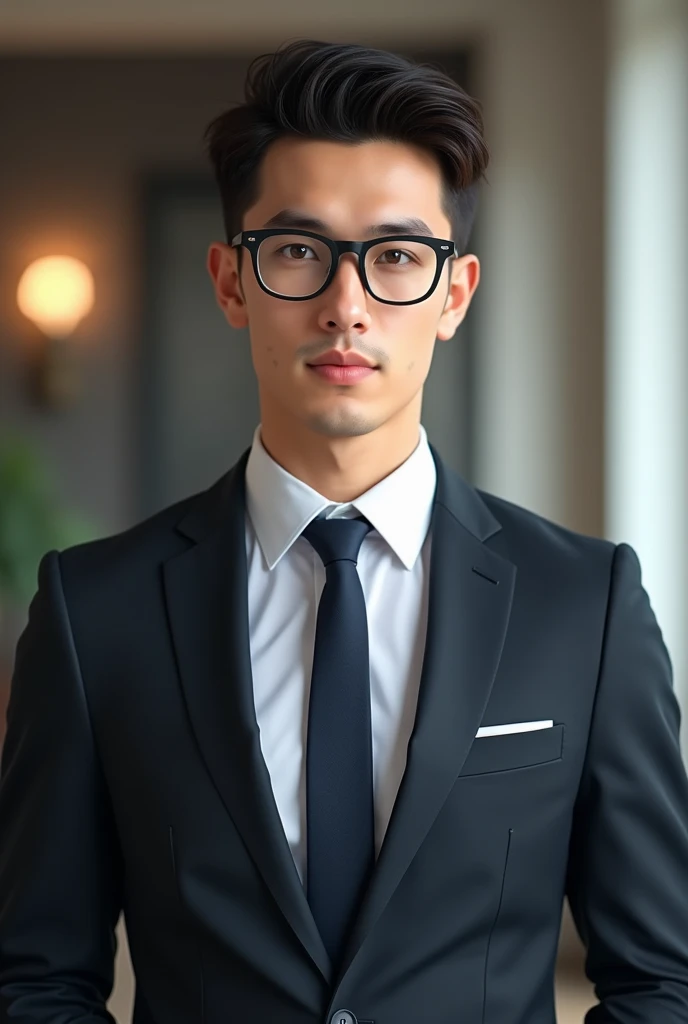 a man in a suit, short and tidy hair, with black prescription glasses, young man