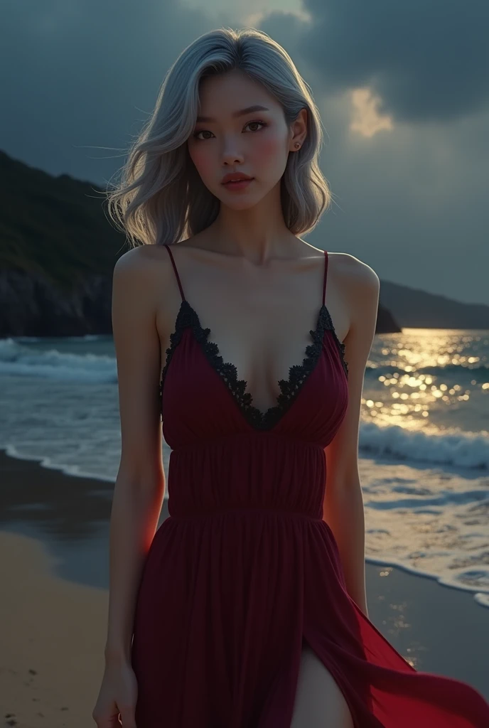 score_9, score_8_superior, score_7_superior, High-resolution CG illustration,A masterpiece in 32K resolution,Highest quality,it is really amazing,Very detailed,Ultra-high resolution,Ultra-realistic,Realistic,Increased depth of field,Cinematic lighting,
Elegant mature Japanese woman,
Shiny silver hair,Wavy long hair,Showing his forehead,god々Beautiful,Ultra-detailed and beautiful face,Sensual look,Beautiful dark brown, moist eyes,Pitch black eyes,Glowing, moisturized skin,Translucent white skin,born々New skin texture,Great proportions,
Elegant wine-red slit dress,spaghetti straps,Deep slit,Detailed and beautiful lace decorations,born地の柔らかな質感,
Black panties,
Black Stockings,
A dark and blurry night background,Dark overcast sky on a dull night,Dark clouds filling the sky,Thundercloud,Coastline at night,Golden reflections on the sea surface,delay々A desolate sandy beach that continues,
Dramatic Angle,