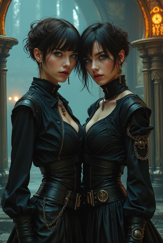 A Beautiful 2 woman. Dark brown hair, pixie haircut. blue eyes. daring outfit. goth tomboy. maidenly charm. Dark sci-fi. Warhammer 40k. Dieselpunk space nun. baroque oil painting.