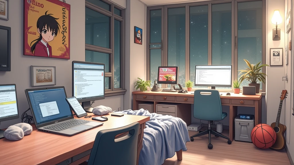a very large bedroom, one desktop computer with two screens, 2 laptops, 1 phone (no-character:1.4), on the computers screens runs Linux and a development IDE, picture from far, large windows, night outside, one guitar, one basketball ball, clothes thrown on the bed and on floor, on the wall there is a poster of Chino Kafu, masterpiece, precision, ultra-realistic, anime art

