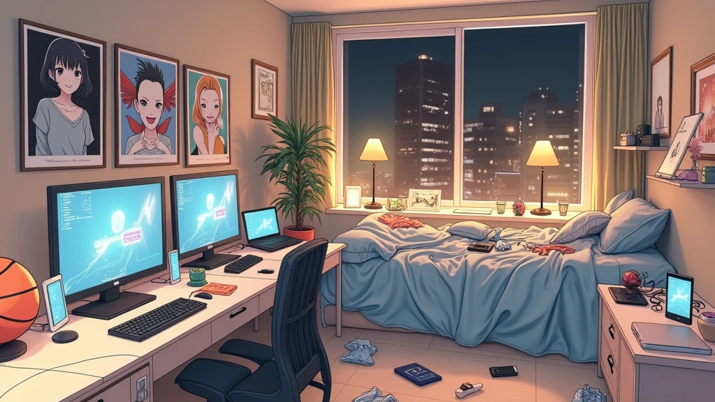 a very large bedroom, one desktop computer with two screens, 2 laptops, 1 phone (no-character:1.4), on the computers screens runs Linux and a development IDE, picture from far, large windows, night outside, one guitar, one basketball ball, clothes thrown on the bed and on floor, on the wall there is a poster of Chino Kafu, masterpiece, precision, ultra-realistic, anime art
