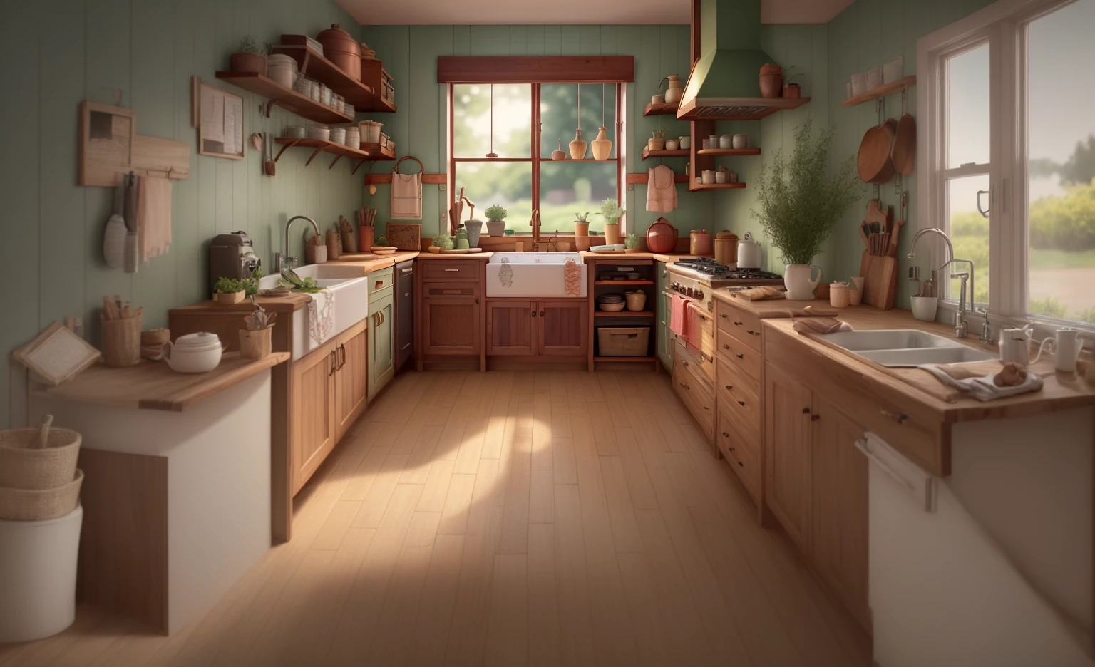 A cozy, bucolic farmhouse kitchen that is inviting.
Soft pastel tones and warm, diffused lighting.
Copper pans hang on the wall in the background.
Window with wooden frame and yellow curtains tied with bow
Pots with salt on them and another with sugar on them on top of the sink
A bag with flour written on it and a pot with cutlery on top of the sink
Charming details such as ceramic pots with fresh herbs on the window, Disney-style wood stove, delicate features, rustic, pastel tones,