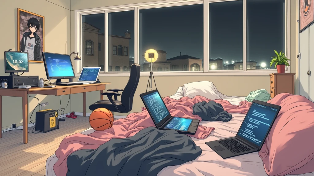 a very large bedroom, one desktop computer with two screens, 2 laptops, 1 phone (no-character:1.4), on the computers screens runs Linux and a development IDE, picture from far, large windows, night outside, one guitar, one basketball ball, clothes thrown on the bed and on floor, on the wall there is a poster of Chino Kafu, masterpiece, precision, ultra-realistic, anime art
