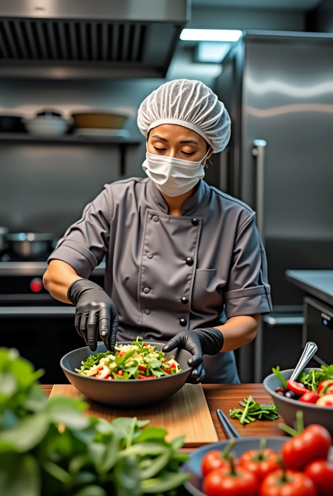 “A realistic image of a middle-aged Thai woman wearing a gray chef’s uniform and a white hairnet, with a surgical mask covering her face. She is standing in a professional kitchen, carefully preparing a salad in a large bowl. Her hands are covered with black rubber gloves, and she is surrounded by fresh vegetables, a cutting board, and various kitchen utensils. The setting is a modern restaurant kitchen with stainless steel appliances, including a stove, refrigerator, and other equipment. The li