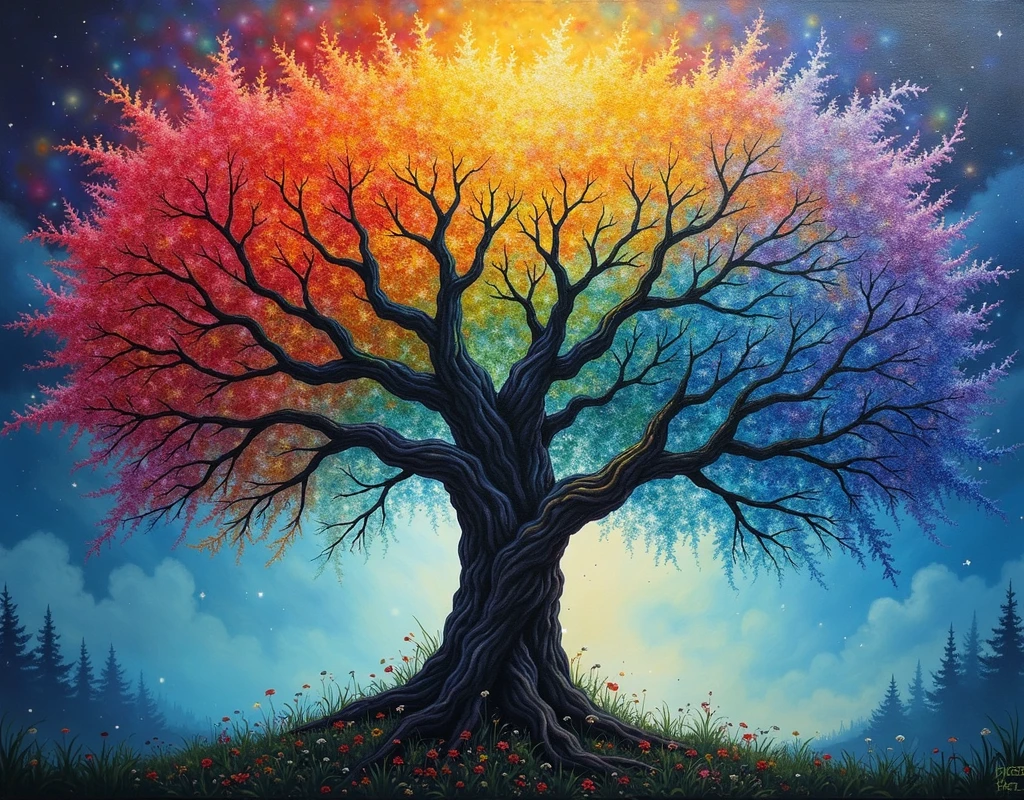 painting of the tree of life with rainbow colors